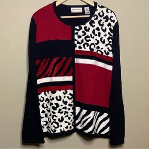 Alfred Dunner Sweater Women 2X Red Black White Patchwork Front Solid Back New